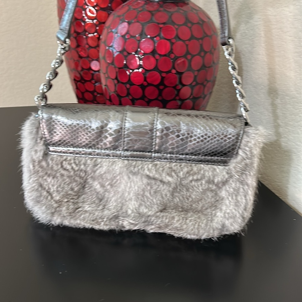 Michael Kors Genuine Rabbit Fur Silver Metallic Shoulder Bag - Picture 7 of 16